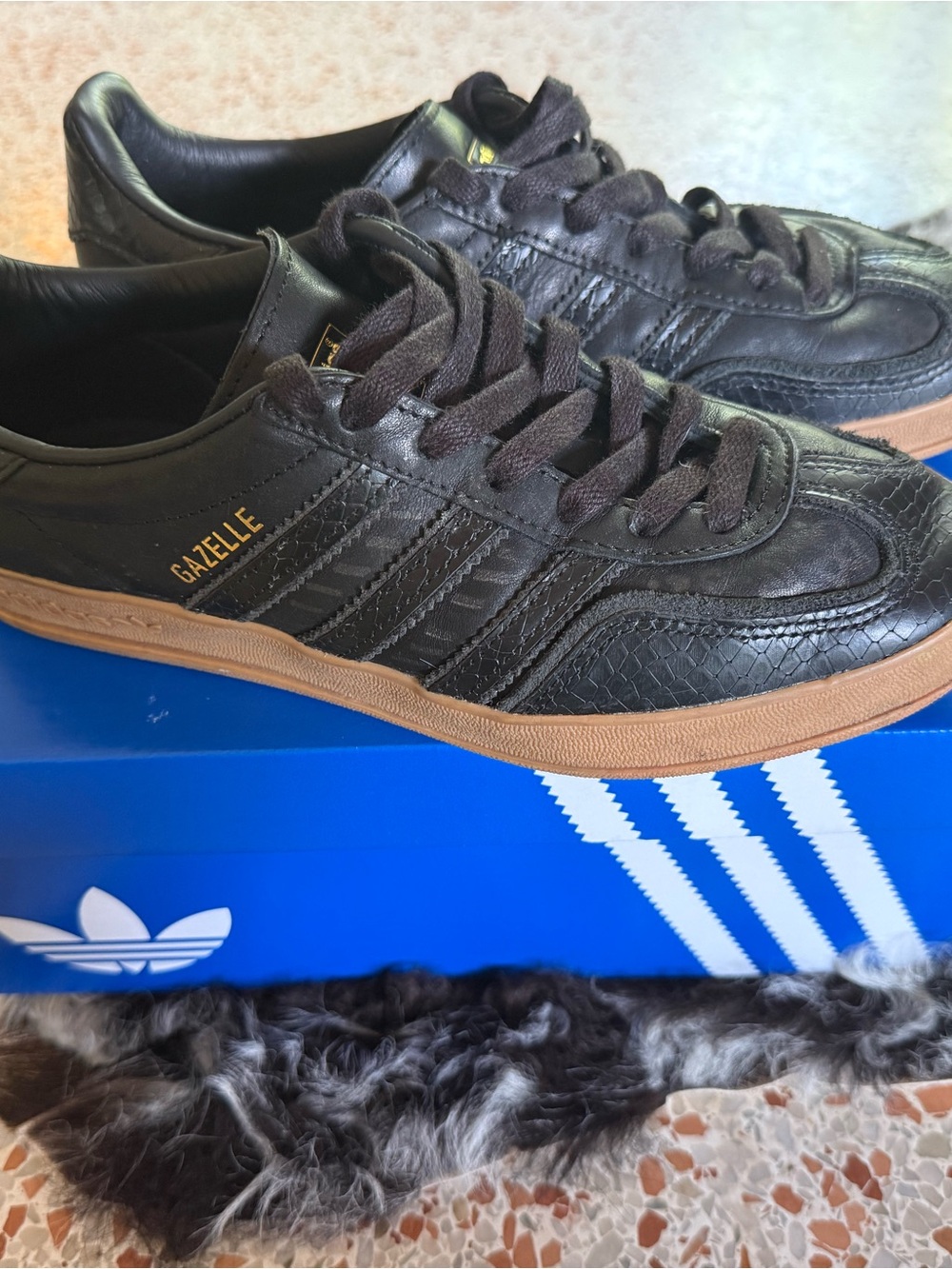 adidas Gazelle Men’s Black Leather Sneakers with Gum Sole